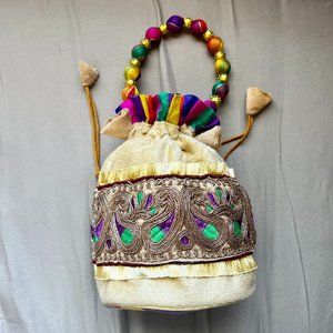 New without tag_Exquisite Jute Potli/Draw String Bag- Embroidered with Handle